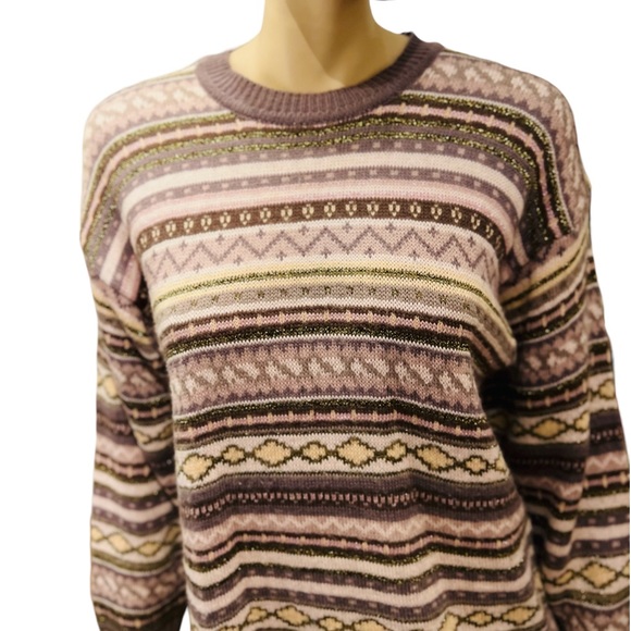 Vintage Man Striped Round Neck Sweater Size M Long Sleeves gold threads - Picture 3 of 9